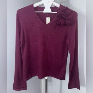 *NWT* Ann Taylor Burgundy Long Sleeve Top with Floral Accent - szL (P22)